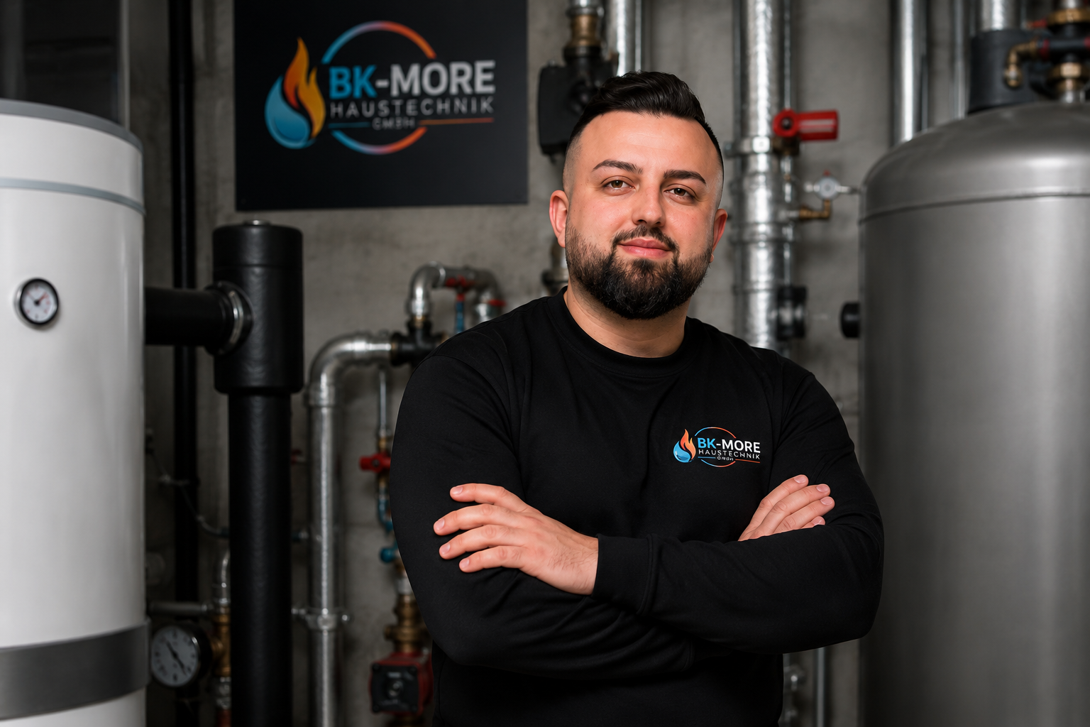 Portrait eines Mitarbeiters von BK & More Haustechnik in einem modernen Heizungsraum in Wiener Neustadt